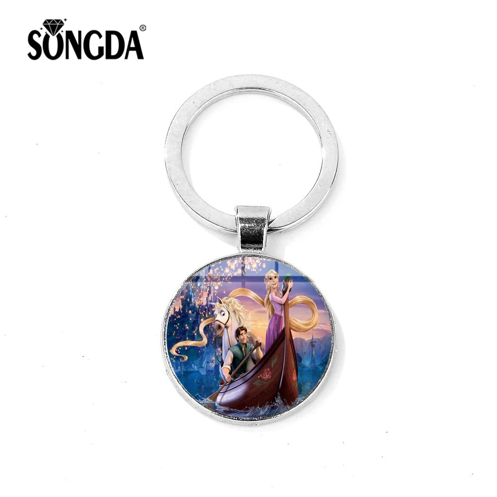 

SONGDA Fashion Movie Tangled Keychain Long Hair Rapunzel Princess Glass Cabochon Key Chain Ring Gift for Girls Handmade Jewelry
