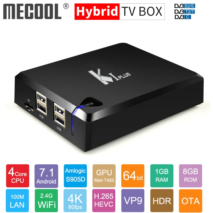 MECOOL KI PLUS DVB-T2 DVB-S2 DVB-C Android 7,1 ТВ приставка Amlogic S905D четырехъядерный 1 ГБ 8 ГБ 64 бит 4K ТВ приставка 2,4G Wifi