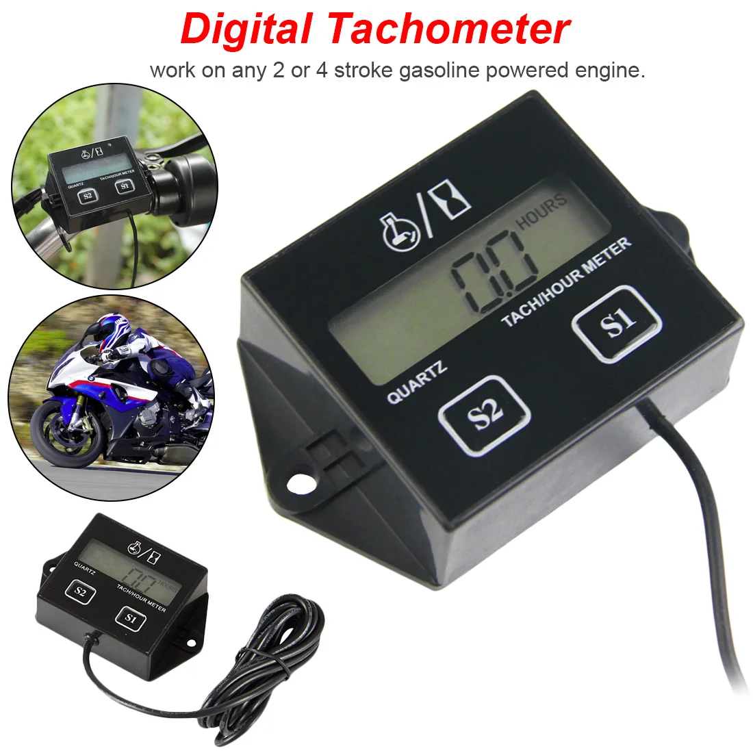 LCD Display Digital Tachometer Hour Meter Spark Plugs 2&4 Stroke Engine RPM Tacho Tach Gauge