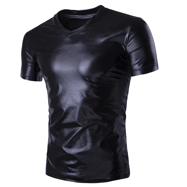 Cool Black Metallic T Shirt Men Brand Long Sleeve V Neck Glossy Mens T shirt Casual Fitness