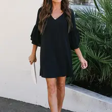 KANCOOLD/модное женское платье с v-образным вырезом и рукавом средней длины, однотонное свободное платье-карандаш, женские повседневные Мини-вечерние платья 2018AUG2