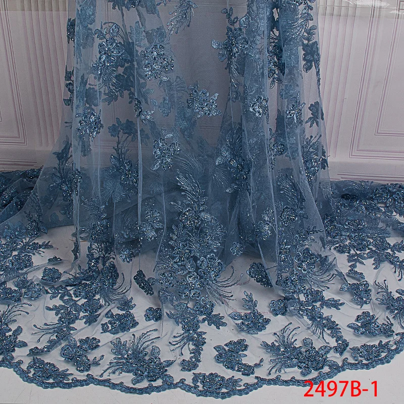 

French Mesh Lace Fabric High Quality Luxury Lace Fabrics Handmade Beaded Lace Nigerian Lace Fabric for Wedding Dress APW2497B