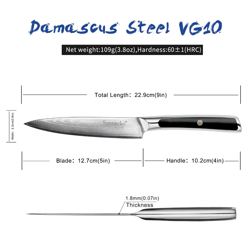 SUNNECKO New 5'' inch Utility Knife Damascus Japanese VG10 Core Steel Blade Kitchen Knives Sharp Fr