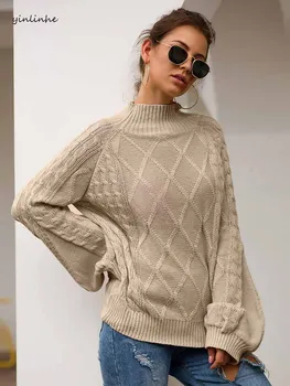 

yinlinhe Khaki Loose Turtleneck Sweater Women Long Sleeve Winter Knitted Jumpers Female Fashion Geometric Casual Pullovers 1186