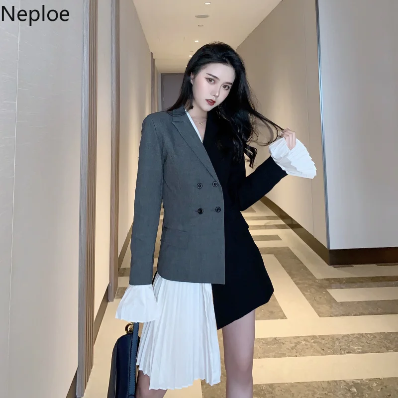 Neploe женский двубортный блейзер с оборками пальто 2019 Весна контрастный цвет