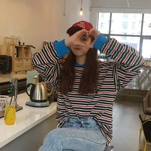 Осенний дизайн оверсайз пуловер полосатая футболка шикарный Harajuku стиль хлопковые толстовки свободные с отложным воротником футболка для женщин