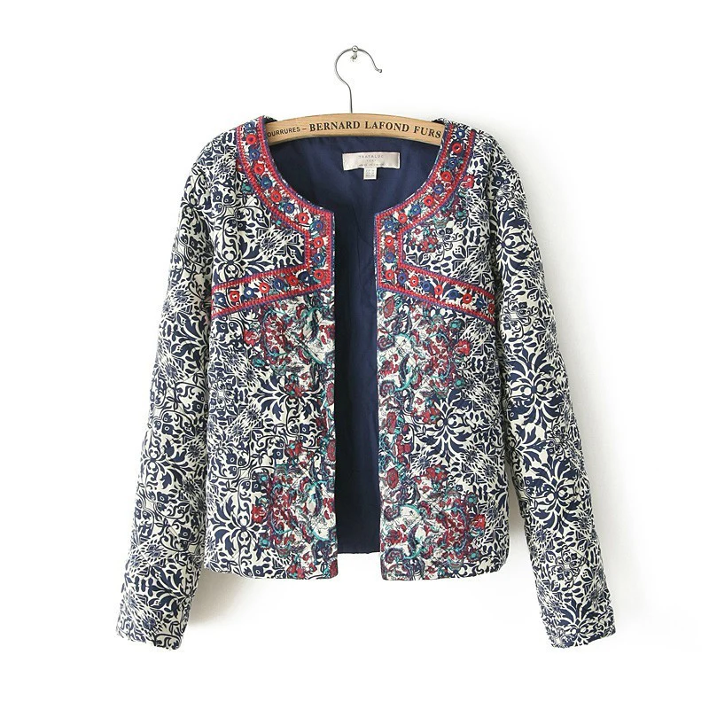 2017 spring autumn Retro Print Blue White Round Neck Full Sleeve font b Jacket b font