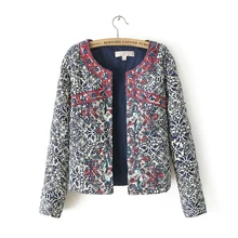 2017 spring autumn Retro Print Blue White Round Neck Full Sleeve Jacket Female Embroidered Coat For Women Embroidery Slim tops