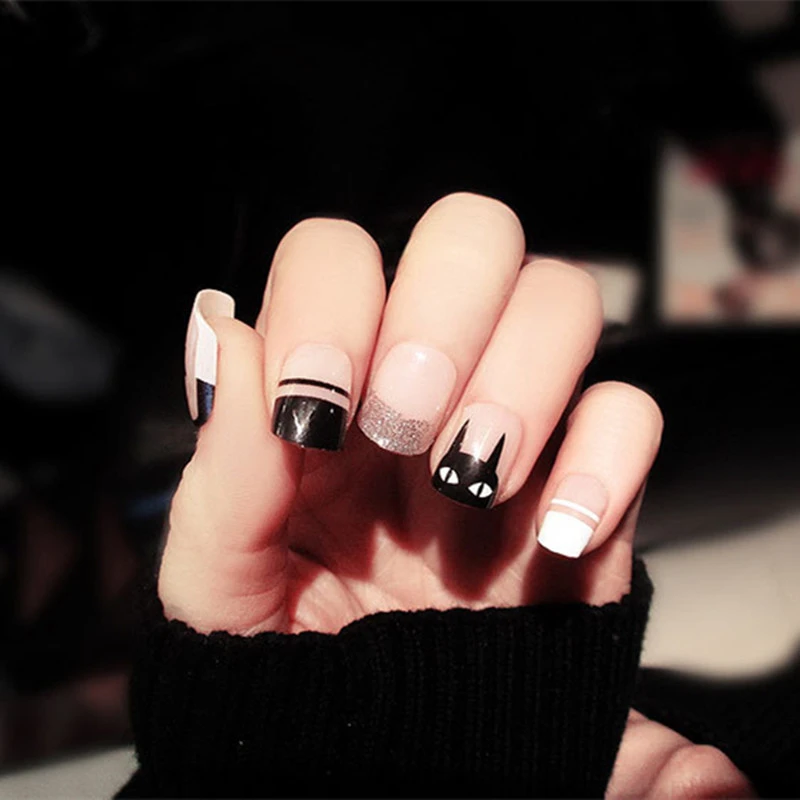 かわいい猫偽釘24ピース セットシンプルシックなネイルのヒント短い四角いヘッド偽爪パッチ装飾デザインツール Nail Tips Short Designer Nail Tipsnail Tips Aliexpress