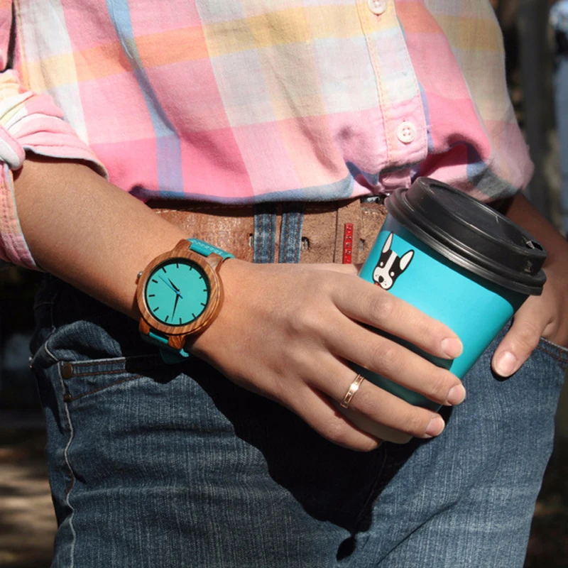 BOBO BIRD Lovers Watches Zebra Wooden Timepieces Turquoise Blue Wrist Watch Men Women Great Gift Relogio Masculino Drop Shipping