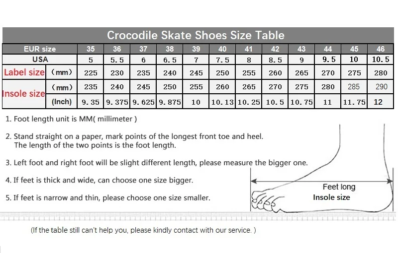 Crocodile Skate Shoes size chart