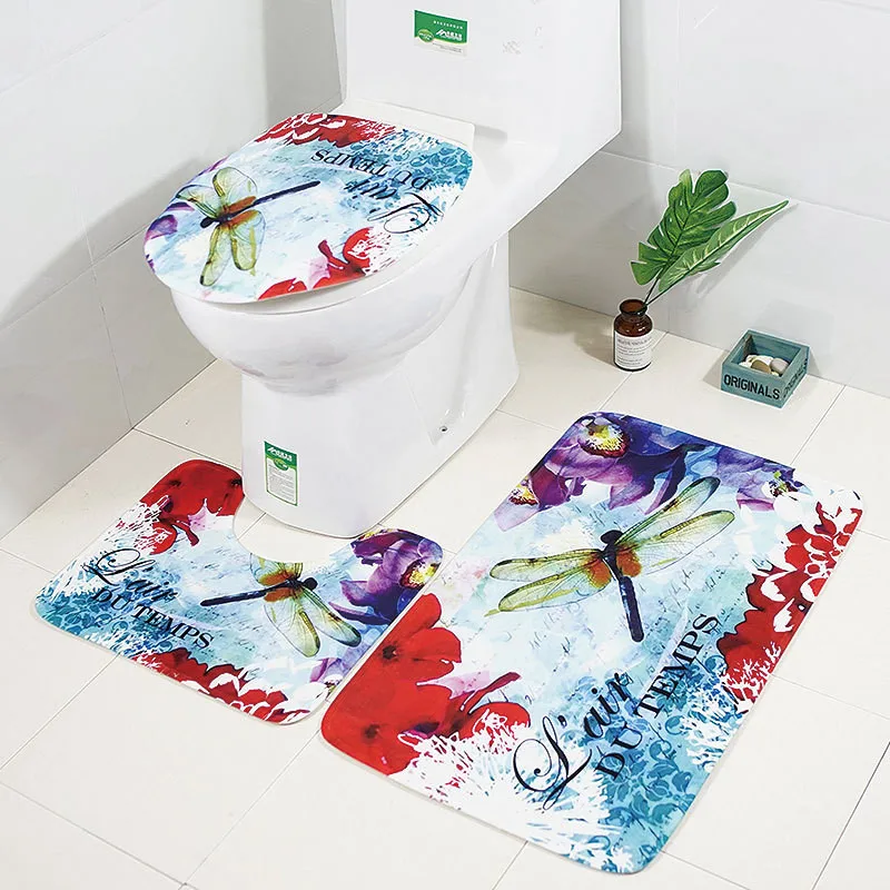 

3PCS Toilet Floor Mat Set Non-Slip Flannel Bathroom Carpet with Ink butterfly dragonfly printing Toilet Cover and floor Rugs set