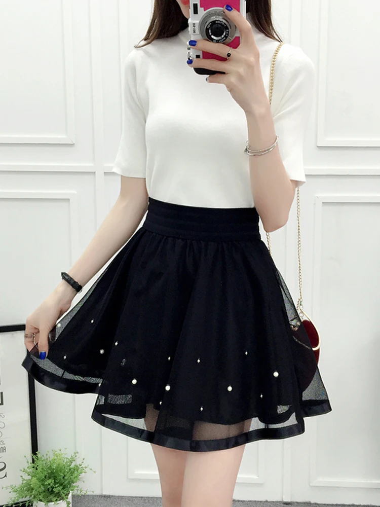 Tulle Skirt High Waist New Summer Women Black Mesh Beading Sweet Mini School Skirt Elastic Waist Tutu Skirt