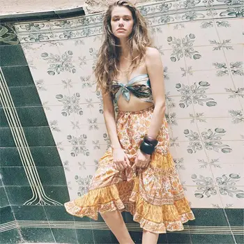 

Orange Floal Midi Skirt Women Summer High Waist Big Hem Loose Skirts Summer Ladies Boho Print Beach Hippie Vintage Skirt Long