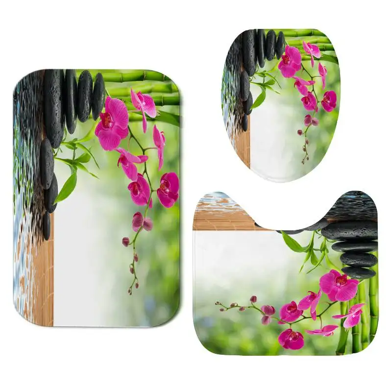 Bath mat set Дом 1,8x1,8 м цветок 3D Водонепроницаемый полиэстер занавеска для душа ванная комната с 12 крючками пьедестал ковер крышка Туалет крышка коврик для ванной комплект - Цвет: Bath mat set