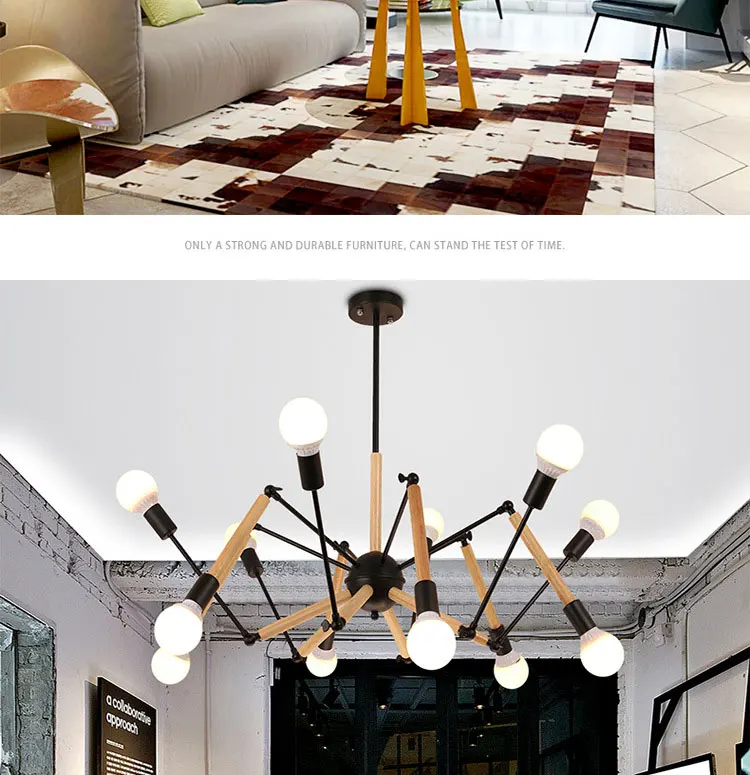 Светодиодный светильник в скандинавском стиле, люстра из дерева для гостиной, домашний декор, черный и белый цвет, 6, 10, 12 цветов, лампа для ресторана, светильник E27, без тени