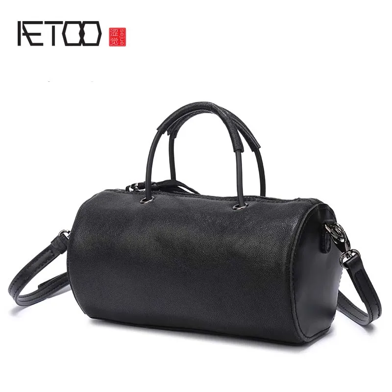 

AETOO Black sheepskin bag simple female Korean version of the shoulder Messenger bag leather mini cylindrical bag