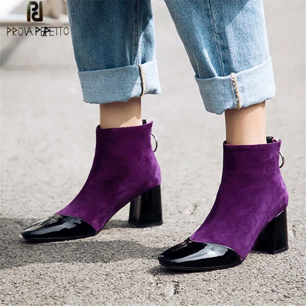 Prova Perfetto New Style Purple Women Ankle Boots Square Toe High Heel Boots Fashion Faux Suede Real Leather Woman Boots Size 40