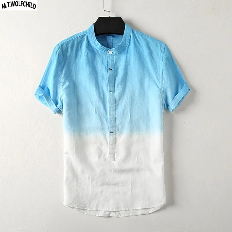 Fashion 2018 Summer New linen Men's short sleeve Gradient henry-collar t-shirts casual cotton mens tees slim mens clothing tops