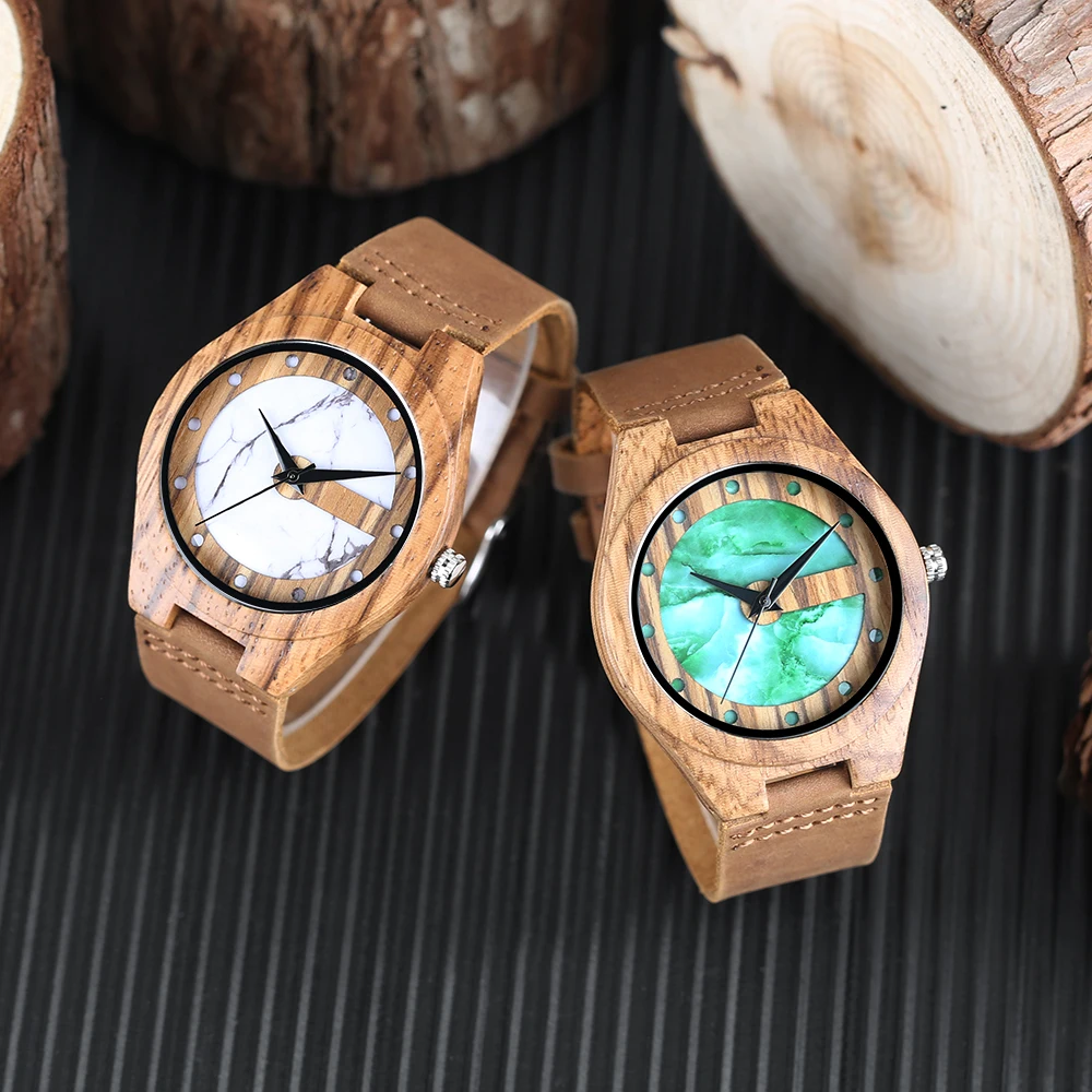 Natural Bamboo Wood Wrist Watch Special Marble Dial Bangle Quartz Watches Genuine Leather Watch Strap Men Women Clock Relogio (13)