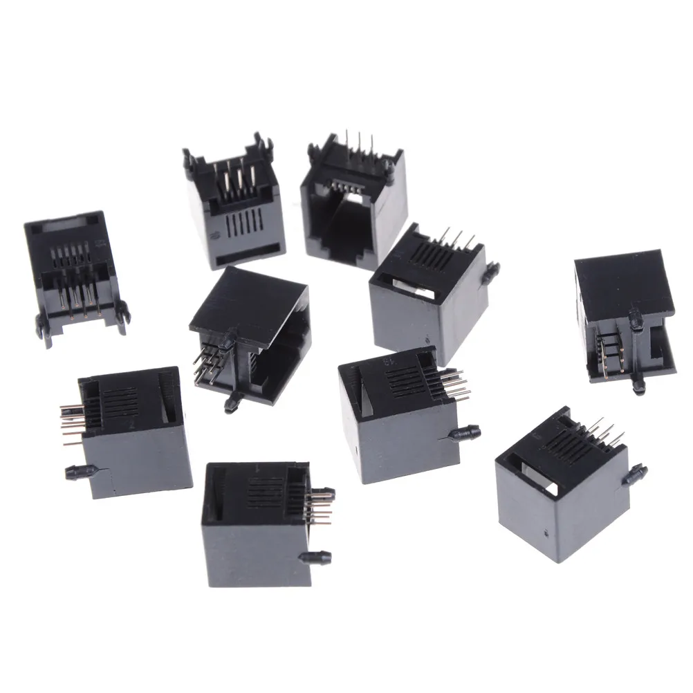 

10PCS/Lot 180 degrees black RJ12 telephone crystal female 6p6c socket 6pin RJ11 socket Plug Male to Female