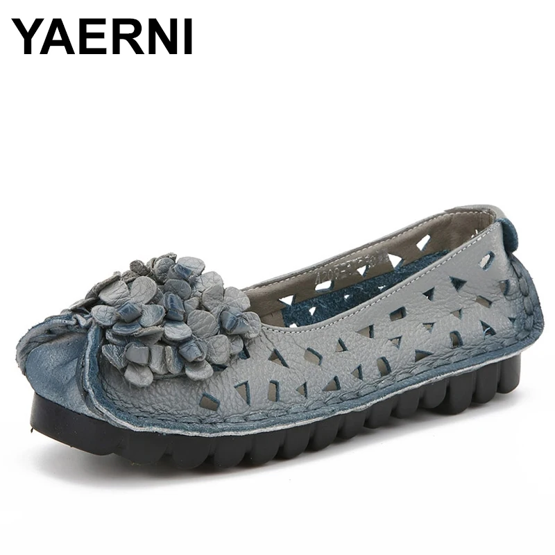 

YAERNI 2018 New spring Handmade flower women's shoes genuine leather female moccasins loafers soft outsole casual shoes flats
