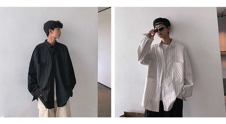 LAPPSTER Men Stiped Shirts Streetwear Casual Man Black Oversized Shirts White Harajuku Vintage Long Sleeve Shirt For Men