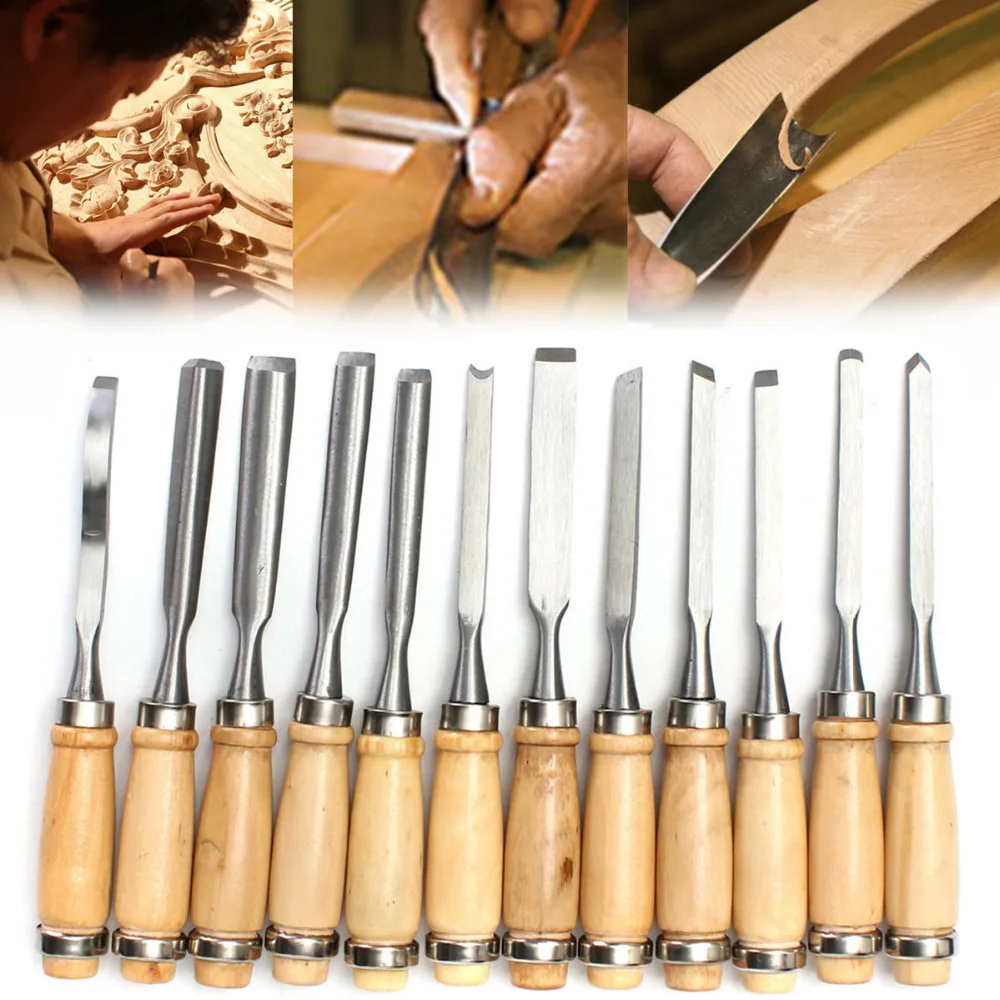 12Pcs/set Wood Carving Chisel Tool Router Set Alloy Steel Blades With