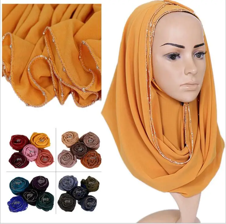 

10pcs/lot Solid Hijab Scarf For Women Muslim Chiffon Scarves Shiny Chain Edges Wraps Long Shawls Maxi Fashion Headscarf 180x70cm