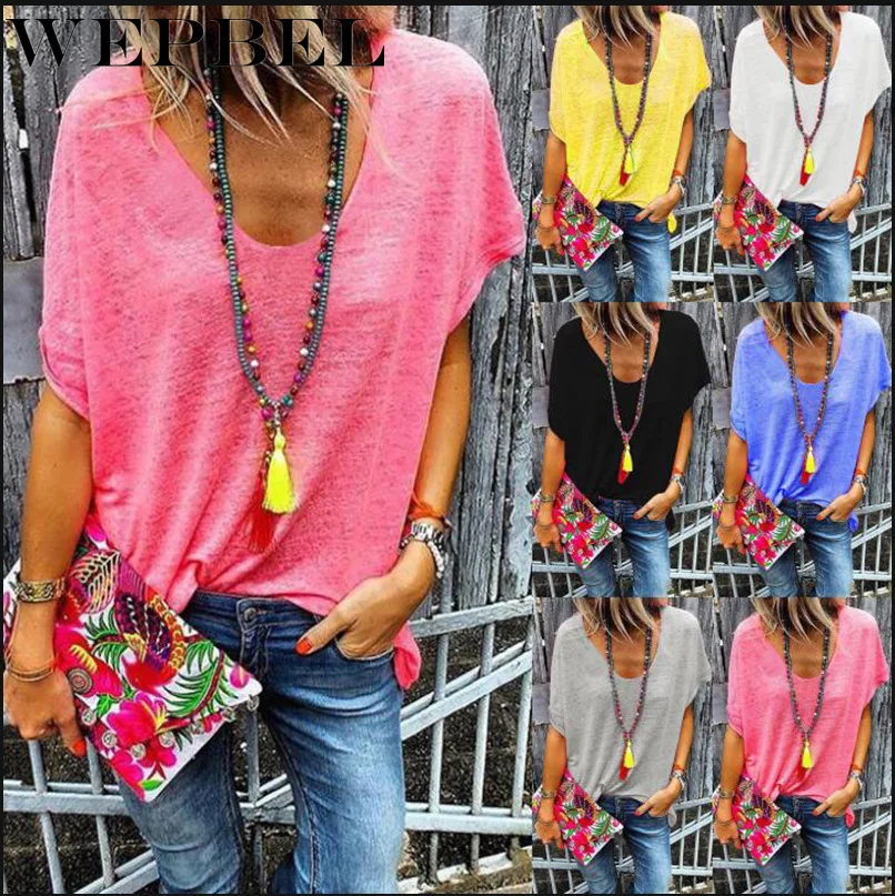 

WEPBEL Women Summer Tops Casual V-Neck Short Sleeve Shirts Solid Color Ladies Cotton Loose T Shirt Plus Size Lady