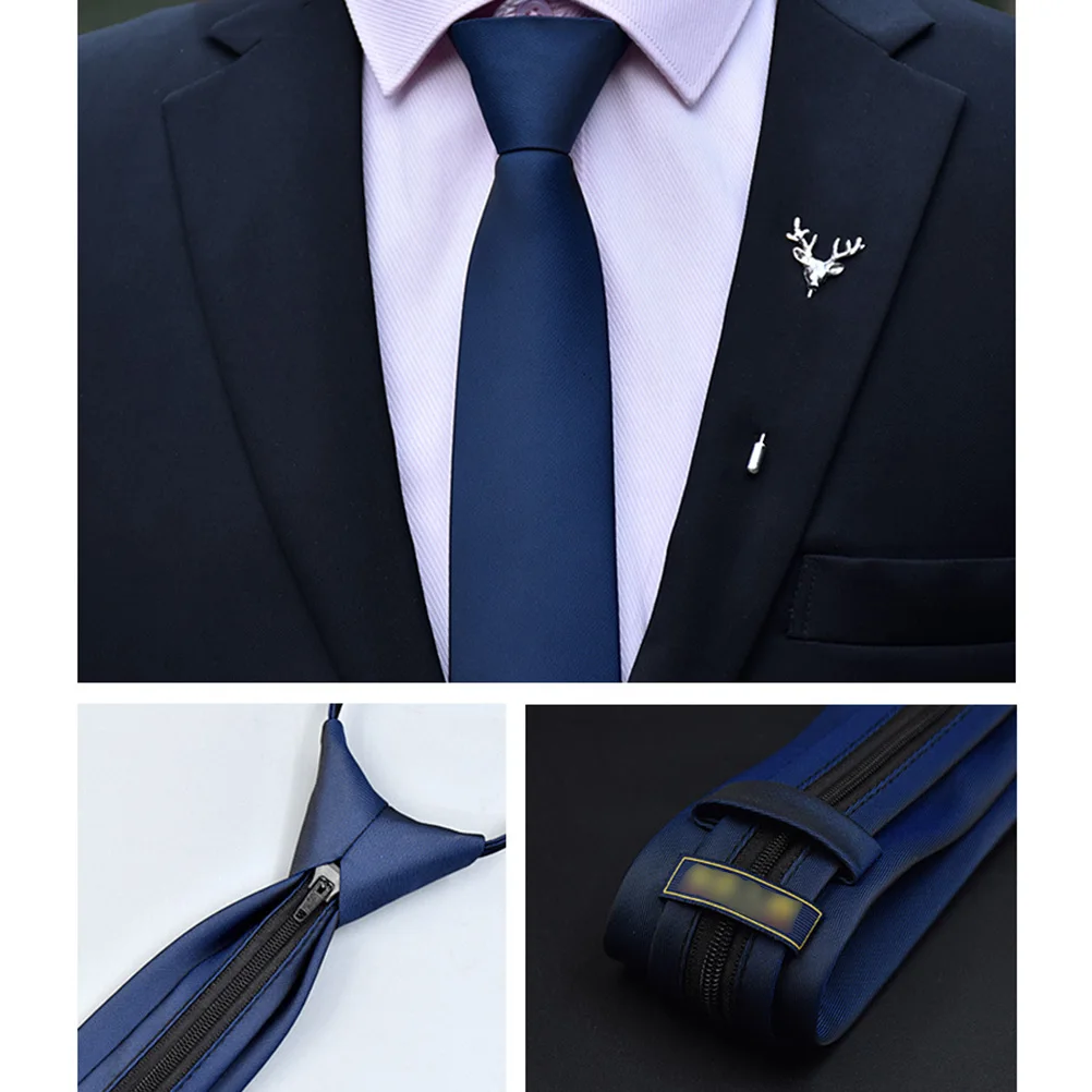 Мужские галстуки на молнии, деловой модный стиль, тонкий мужской галстук на шею, простой дизайн, однотонные вечерние галстуки для ленивых, Формальные Галстуки(темно-синий
