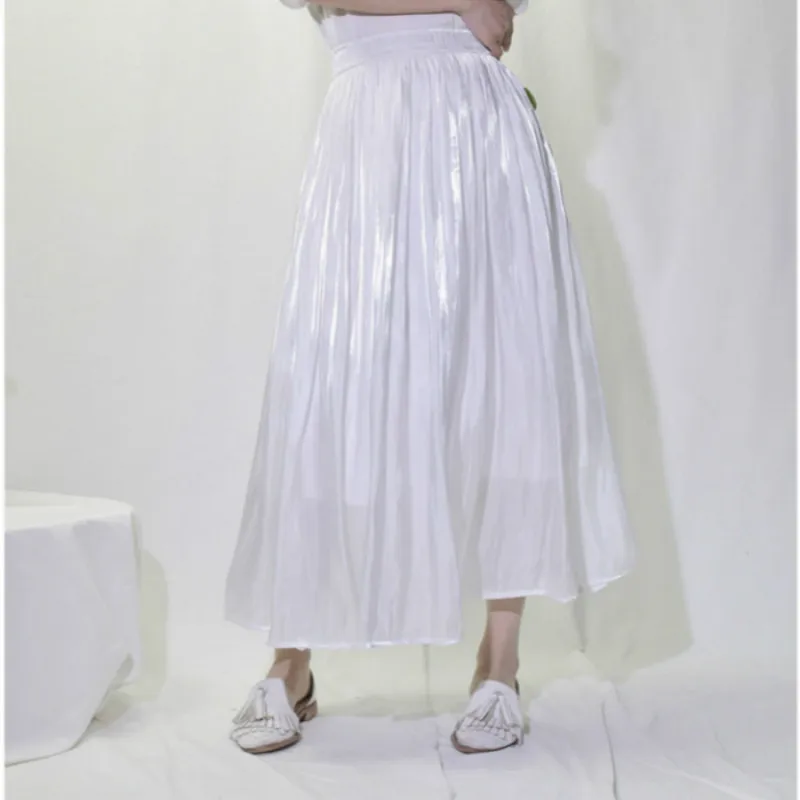 

Women Skirts Elastic High Waist long skirt White Pearl luster Maxi Skirt Satin Pleated Skirt Casual faldas mujer moda 2019