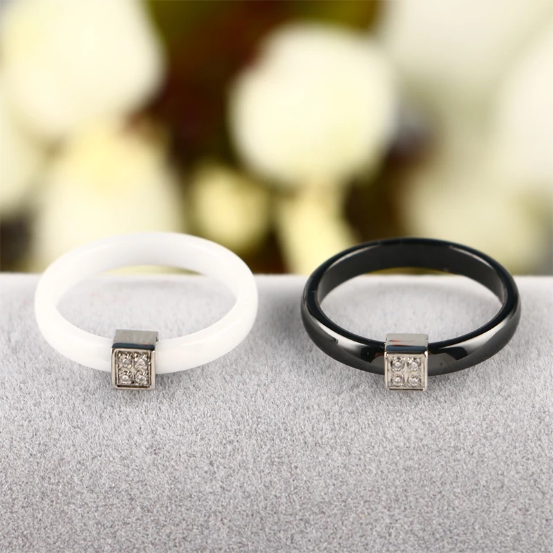 Elegant 3mm Wide Ceramic Women Rings Classic Black White Cute Pink Fashion Bling Crystal Ring Lady Girls Wedding Engagement Gift