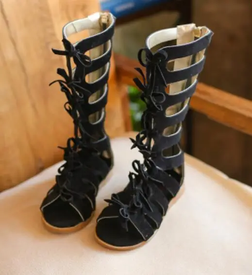 Летние черные сандалии с вырезами в римском стиле для маленьких девочек 6, 7, 8, 9, 10, 11, 12 лет, обувь для детей, модельные туфли для девочек, сандалии, новинка - Цвет: black