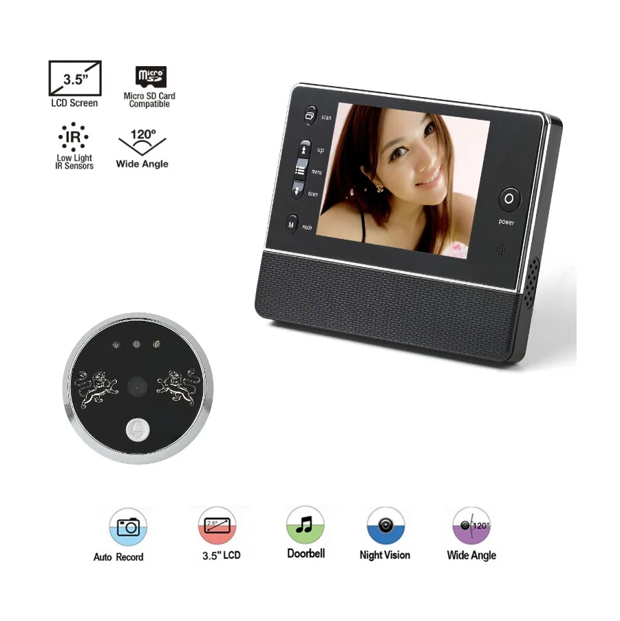 

New digital peephole camera eye Russian menu 3.5 inch LCD 0.3 M pixels Zoom IR night vision 32 Rings support Video+Photos