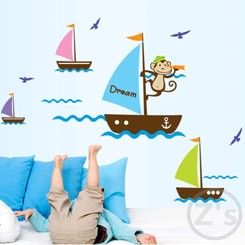 Zs Sticker 55 x 120 cm Boat Monkey Ship Sea Wall Bedroom Decal for Kids Room Baby House Nursery Mural | Дом и сад