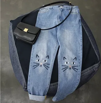 

Cute Cat Pattern Embroidery Women Jeans Woman Push Up Jeans High Waist Denim Pants Boyfriend Jeans Femme