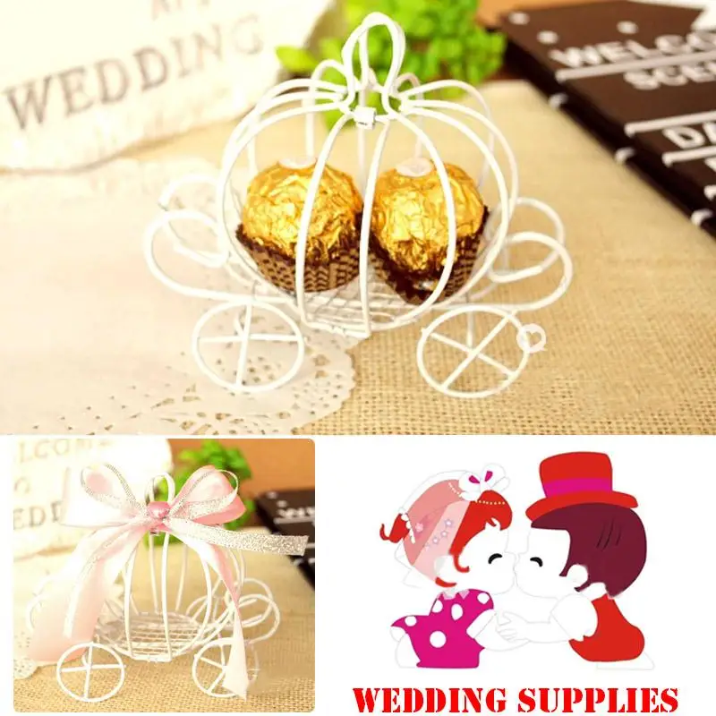 

Wedding Carriage Pumpkin Car Designed White Iron Cut Candy Box Gift Party Favor romantic iron heart shape pumpkin candy cart