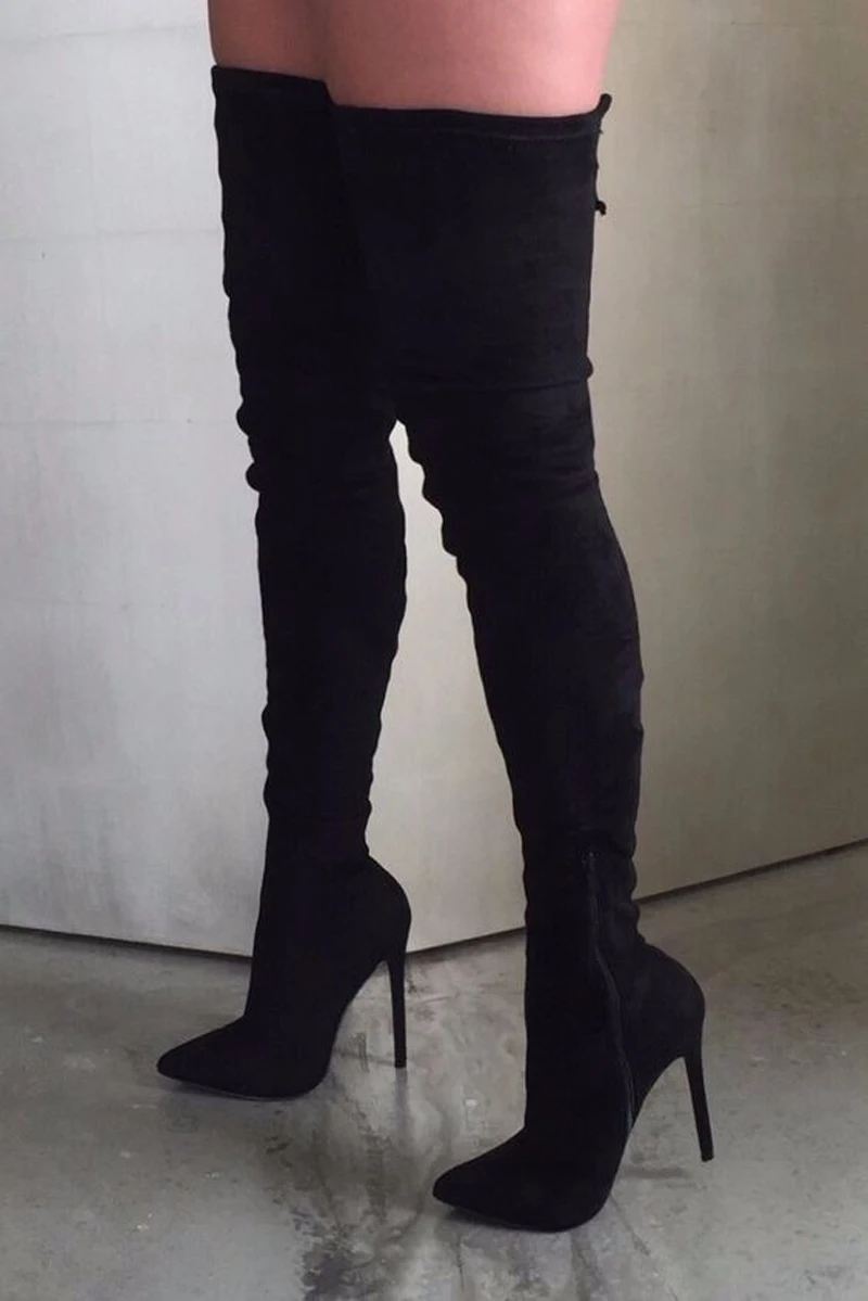 뾰족한 발가락 무릎 위 슬림 스타일 하이힐 부츠 여성용, 섹시한 스틸레토 힐 롱 레깅스 드레스 슈즈, 2017 새로운 디자인