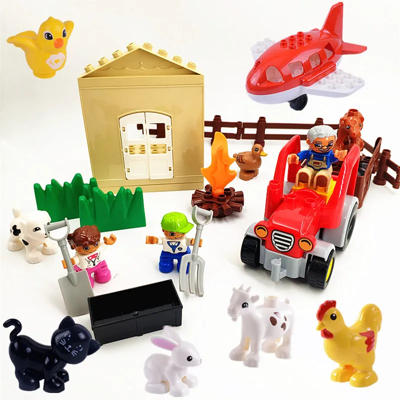 

Diy Big Size Building Blocks Happy Farm Car Trailer Ainmal Figures Accessories Compatible with Duploed Toys for Children Gift