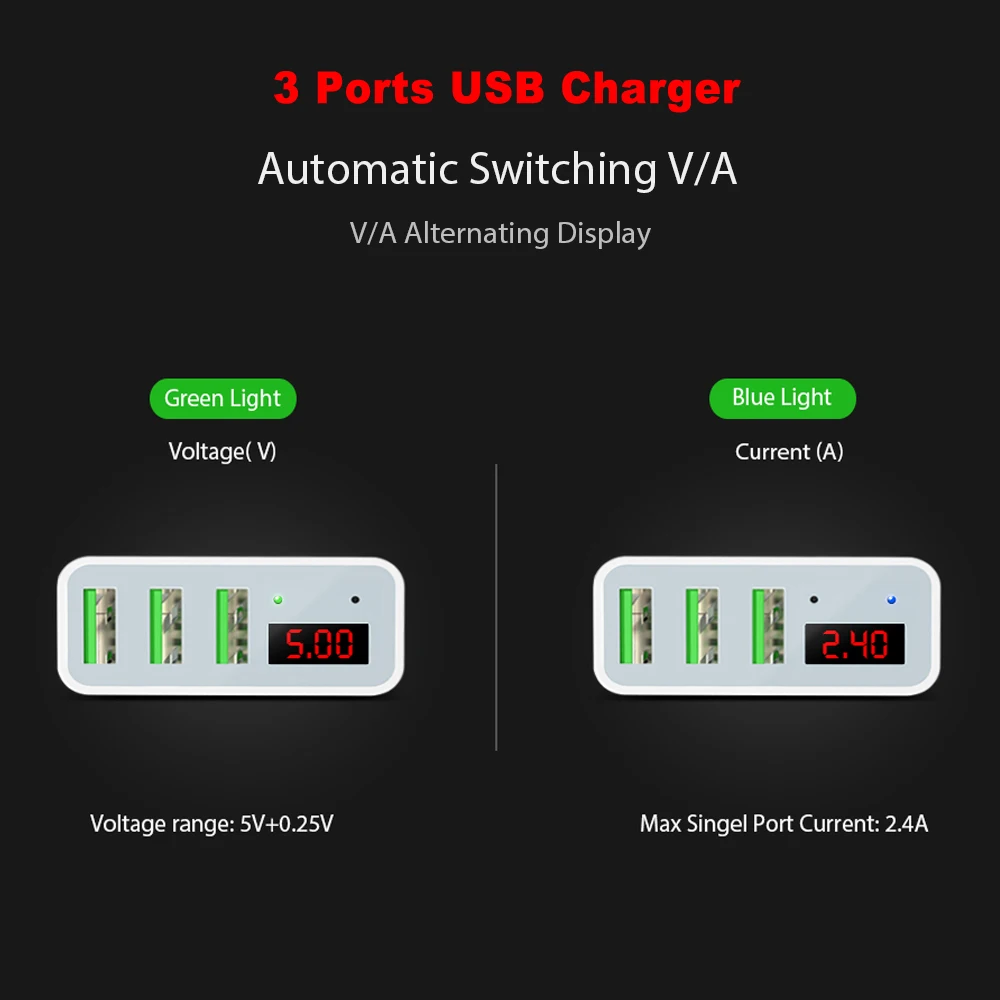 FLOVEME USB Зарядное устройство светодиодный цифровой 3 Порты Универсальный ЕС Plug
