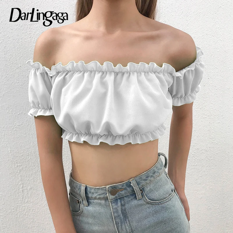 

Darlingaga Fashion Solid Sexy Blouse Women Shirt Short Sleeve Summer Off Shoulder Top Cropped Sexy Ruffles Women's Shirts Blusas