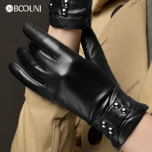BOOUNI Genuine Leather Gloves High Quality Women Fashion Black Sheepskin Finger Gloves Winter Plus Velvet Driving Glove NW781