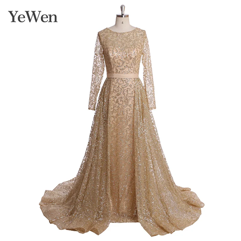 

YeWen Gold Fashion Mermaid Luxury Evening Dress Long Sleeves Gliter train Elegant Evening Gowns 2020 YW032 Muslim Prom Dress