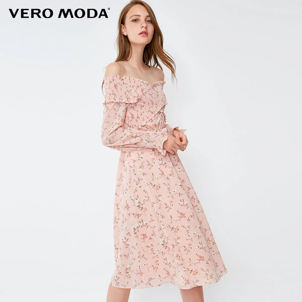 Vero Moda Грудь Эластичный крест-над дизайн Цветочное платье рукав платье | 31837D503 - Цвет: Rose smoke