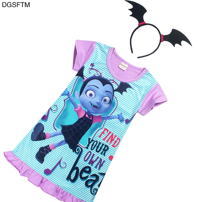 

2019 new Summer Cotton Design Vampirina Girl Dress Princess Party Cosplay Girl Elsa Dress + Lace Headband Poppy Clothing 3-9Y