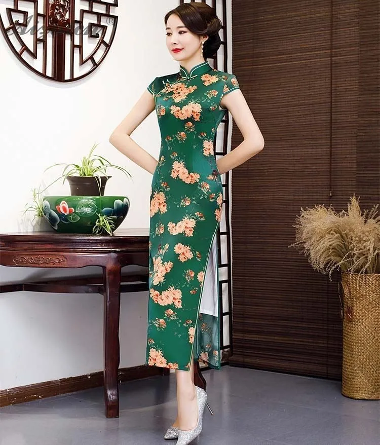 Китайское традиционное платье Qipao ретро печати с длинным Cheongsam Китай Femme Тонкий платья Женская Роба в восточном стиле элегантное вечернее