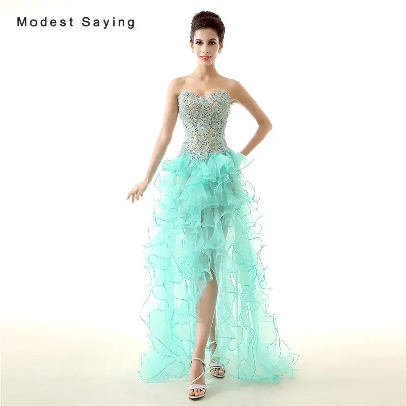

Sexy Mint Green High/Low Beaded Lace Evening Dresses 2017 with Ruffled Skirt Formal Women Party Prom Gown vestido de festa longo