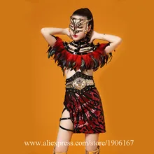 Nightclub Sexy Lady Party Evening Dress Red Feather Ballroom Costume Stage Performance DS Clothing DJ Singer