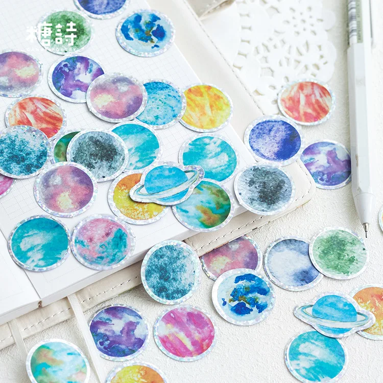 

100pcs/lot Universe Space Sticker Planet Decoration Diy Ablum Diary Scrapbooking Label Galaxy Stickers With Yarn Bag Packing